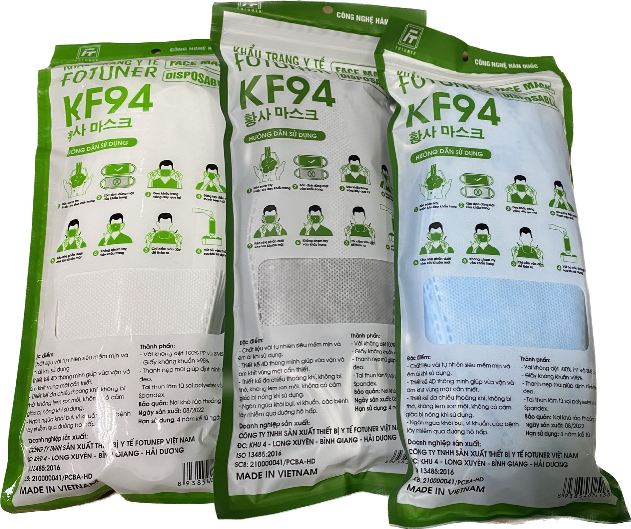 Khẩu trang KF94 Fortuner X2 xanh (thùng 300c - túi 10c)