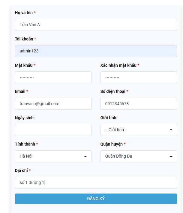 Form đăng kí khách hàng