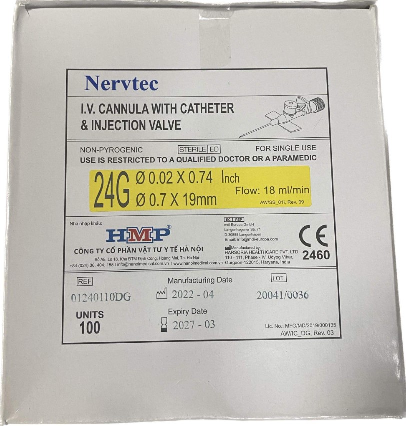 Kim luồn tĩnh mạch NERVTEC 24G - hộp 100c